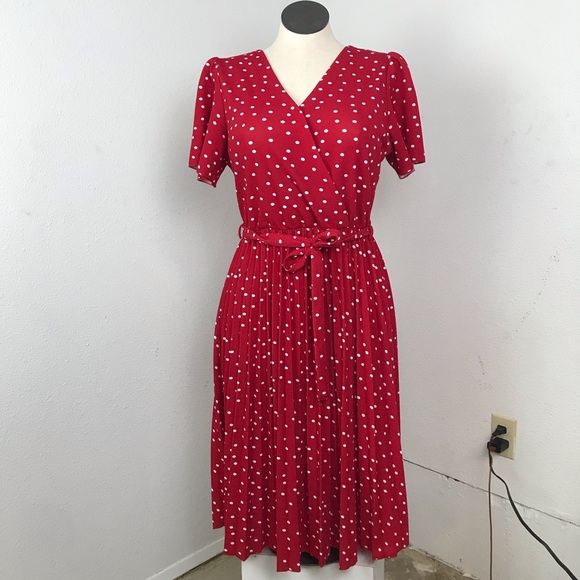 Lark + Grey Midi Dress Women’s Size L Color Red/White Pleated Skirt Polka Dot. - Picture 12 of 12